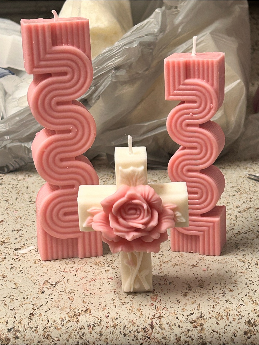 Handmade Oatmeal Milk & Honey Decorative Pink Rose Cross Candle Candles Set